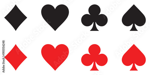 playing card icons. 4 suits of playing cards: Hearts and Spades, Diamonds and Clubs icon. Flat simple symbols collection.