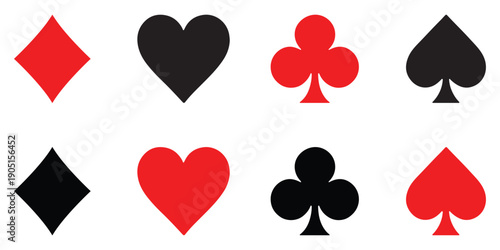 playing card icons. 4 suits of playing cards: Hearts and Spades, Diamonds and Clubs icon. Flat simple symbols collection.