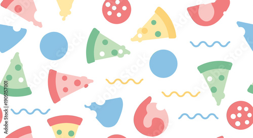 Vibrant and cheerful seamless pattern of cartoon pizza slices, pepperoni, cheese, and abstract shapes on a light background, perfect for fun food-themed designs