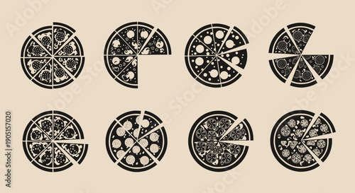 Artistic set of eight vintage-style pizza illustrations, each with unique and irregularly cut slices, depicting various delicious topping arrangements in a distressed graphic design