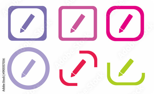 Minimalist pencil icon set with colorful geometric frames including square, circle, and abstract shapes. Professional vector graphics for edit, write, and compose UI design, perfect for apps