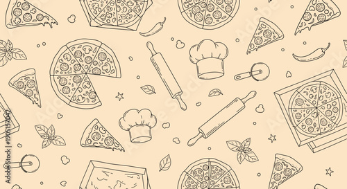 Vibrant Seamless Pattern of Hand-Drawn Pizza Illustrations, Italian Ingredients, and Kitchen Utensils on a Light Background, Perfect for Foodie Designs and Restaurant Branding
