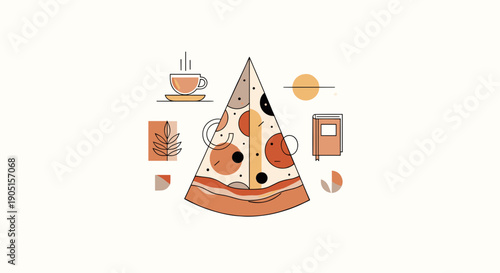 A Slice of Pizza and a Cup of Coffee Artfully Arranged with Abstract Geometric Shapes and Plant Motifs