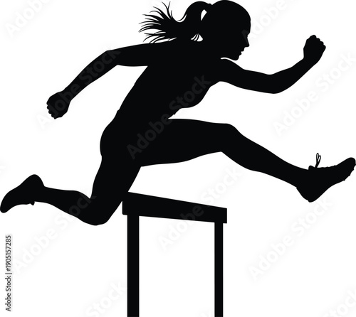 Female athlete jumping over hurdles in track and field competition, black silhouette vector illustration isolated on a white background