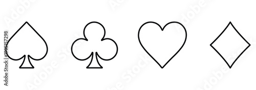 Stylized Playing Card Suit Icons Featuring Spade, Diamond, Club, and Heart Symbols. Playing card suit symbols set featuring spade heart club diamond icons simple flat shapes.