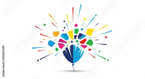 Vibrant whisk with colorful geometric shapes exploding around it on white background