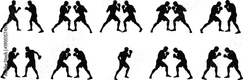 Boxing fighters silhouette collection with attacking and defensive stances, professional combat sport training vector illustration set isolated white