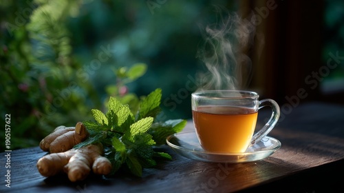 Ginger tea with fresh mint leaves on rustic wood table background