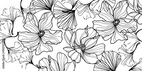 Abstract Floral Line Art Background with Hand Drawn Flowers and Ginkgo Leaves. Elegant Monochrome Botanical Vector Illustration for Wedding Invitations, Textile Design, and Minimalist Branding.
