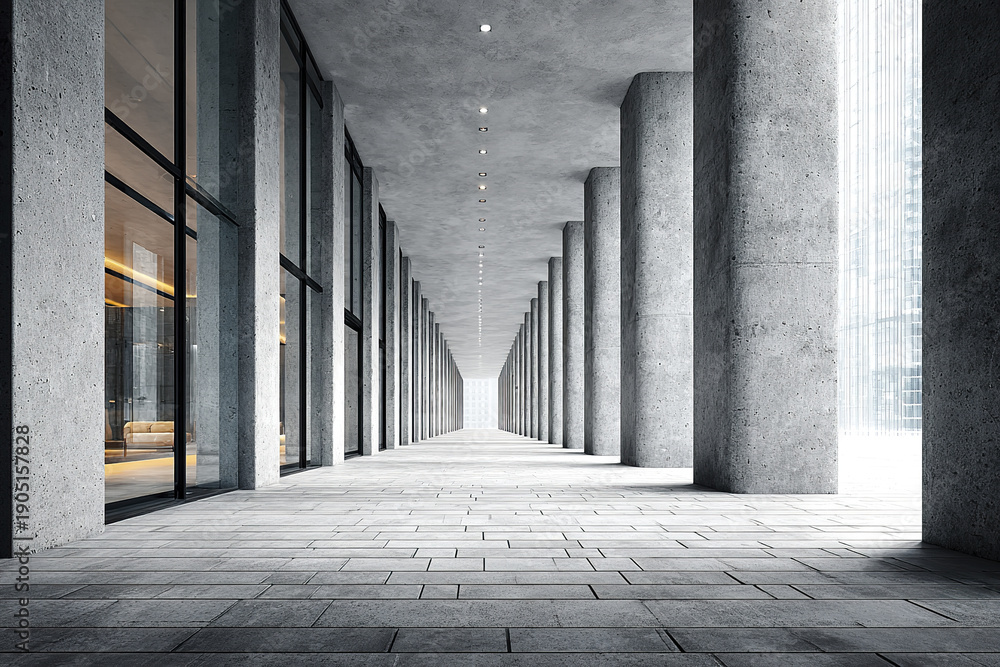 Fototapeta premium Minimal modern building exterior hallway with concrete pillars and large glass windows, creating bright and spacious architectural corridor with clean lines and natural light