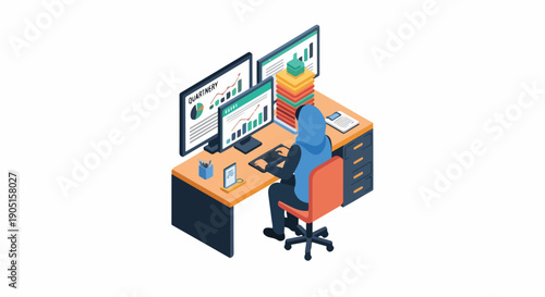 Isometric illustration of a professional woman in a hijab working at a desk with multiple computer monitors displaying data analysis charts and graphs.