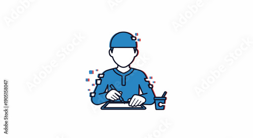 Modern flat design illustration of a creative digital artist or graphic designer working on a drawing tablet with a stylus, symbolizing innovation and technology in art and design.
