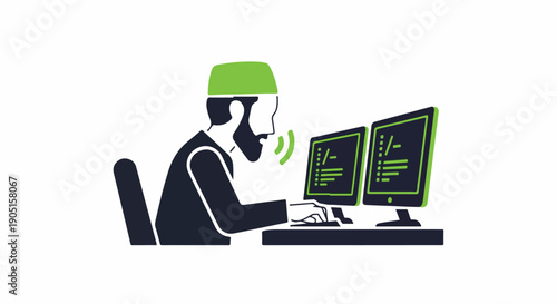 Muslim man programmer coding on computers with voice input technology. Developer working on software development, IT, and cybersecurity solutions.