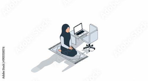 Muslim woman in hijab praying on a mat next to a laptop and desk, illustrating devotion and spiritual balance in a modern home office setting. Isometric.