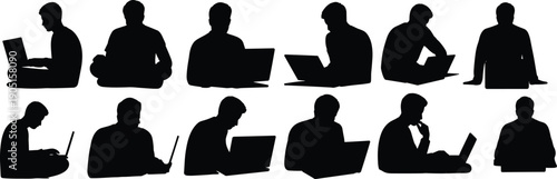 Man working on laptop silhouette collection in different sitting poses, business freelancer vector illustration set isolated on white
