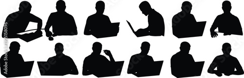 Man using laptop silhouette collection in multiple sitting poses, professional business freelancer vector illustration set isolated on white