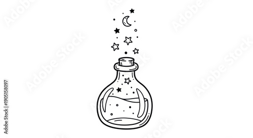 Hand-drawn magical potion bottle with stars and moon, alchemy concept