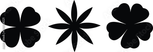 Black and white silhouette of four leaf clover and floral shapes isolated on white background for nature and luck design.
