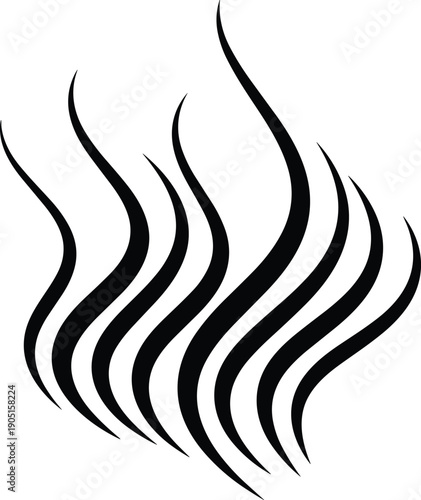 Black silhouette of abstract wavy lines representing smoke steam or heat aroma isolated on white background for creative graphic design.