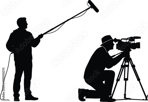 Black silhouette vector of a professional film crew with a cameraman using a tripod and a boom mic operator, cinema.