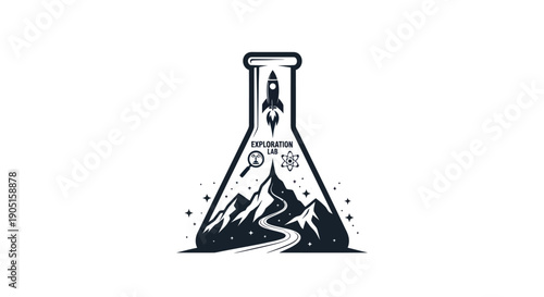 Science Lab Flask with Rocket, Mountains, and Stars - Exploration Concept