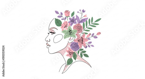 Woman's face with flowers in hair floral head peaceful expression illustration profile view colorful blooms