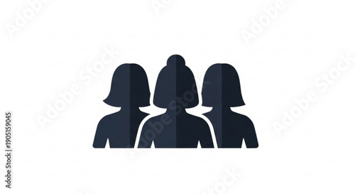 Three dark blue silhouette women icons standing together in a row on white background