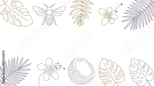 Tropical summer elements like coconut, palm leaves, and bee for exotic vacation invitations