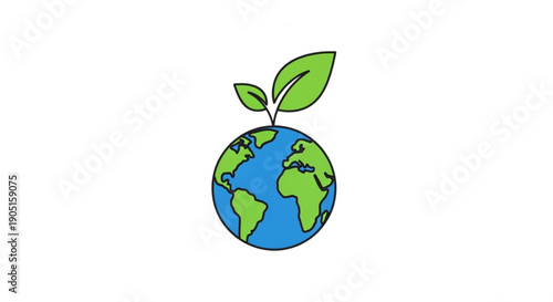 Earth globe with green leaves sprouting from top symbolizing growth and ecology