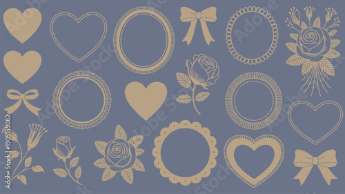 Collection of heart and rose-themed decorative elements, including bows and ornate frames, suitable for invitations and crafts