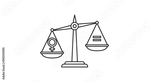 Balanced scales with gender equality symbol and law on white background