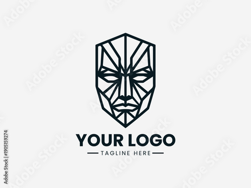 Geometric line art logo of a face on a white background with a tagline placeholder.