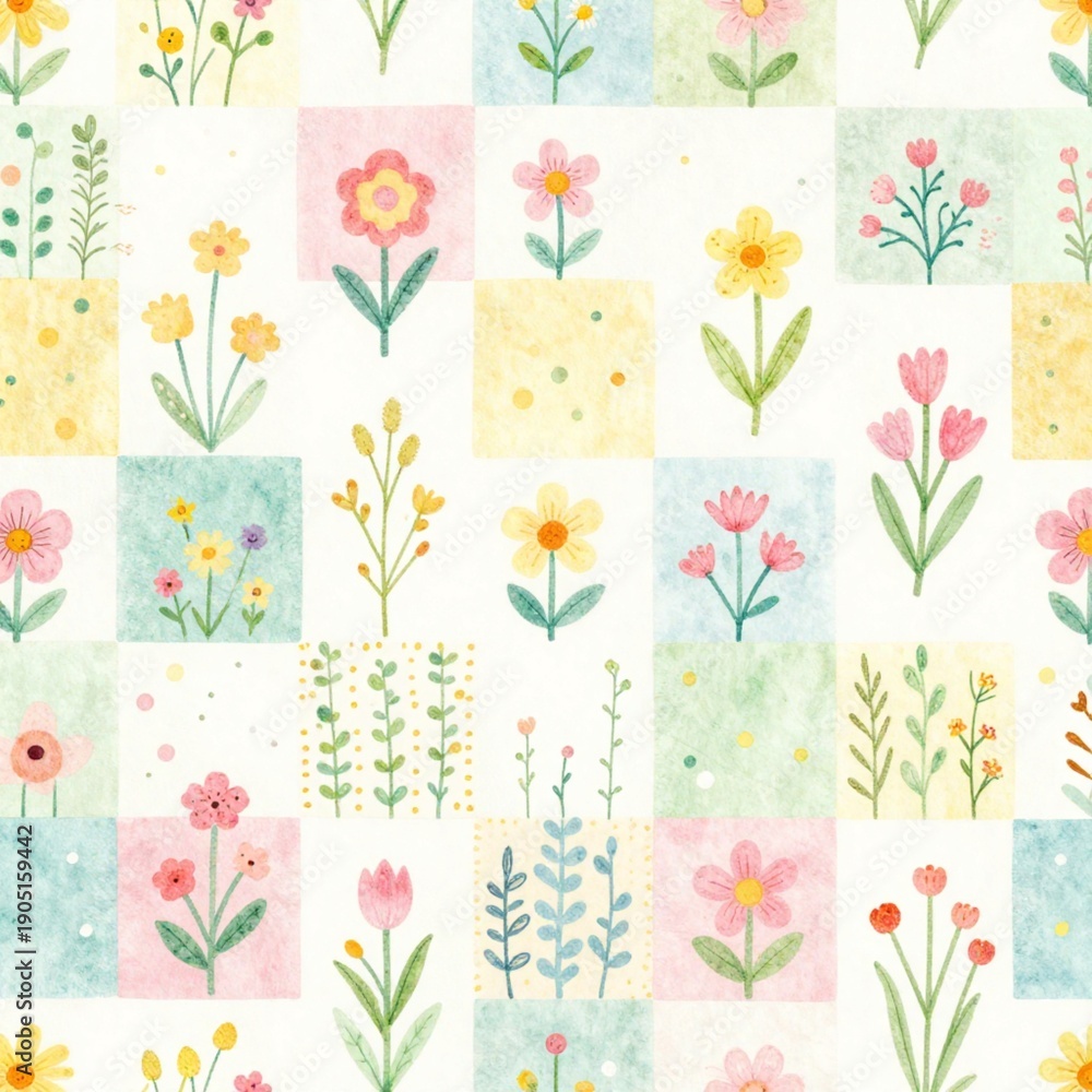 Obraz premium Seamless Hand Drawn Pastel Spring Wildflower Pattern with Playful Patchwork Florals Grasses and Dots on White Background 