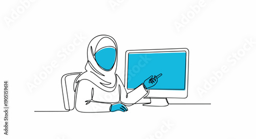 Muslim woman in hijab points at computer screen, continuous line art. Represents online learning, remote work, virtual presentation, or digital business meeting.