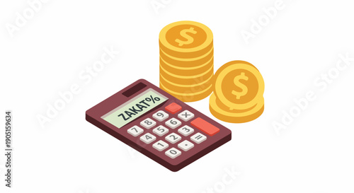 Zakat Calculation and Islamic Charity Concept. Isometric illustration of a calculator with Zakat percentage and gold coins, symbolizing financial giving and religious obligation.
