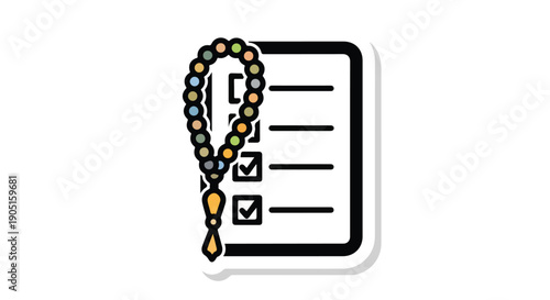 Islamic tasbih prayer beads resting on a digital checklist icon, symbolizing spiritual reflection, daily religious obligations, and mindful task management. Faith and productivity.
