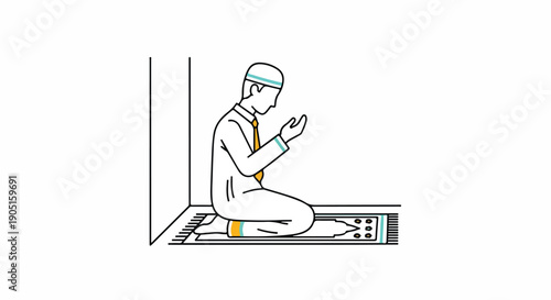 Muslim man performing Salah (Islamic prayer) on a prayer mat, kneeling in devotion and supplication. Minimalist line art illustration representing faith and spirituality.
