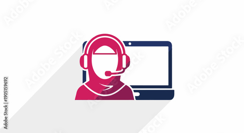 Professional Muslim woman in hijab providing online customer support, call center agent icon with laptop, flat design for tech help and remote assistance.
