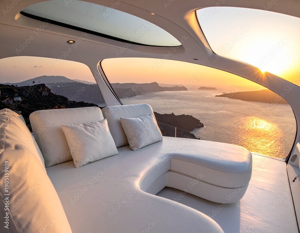 Fototapeta premium Futuristic white seating area, curved shapes, panoramic sunset view over sea and mountains