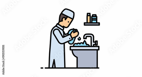Muslim man performing ritual ablution (Wudu) before prayer, washing hands with water and soap at a sink. Islamic purification ceremony illustration.