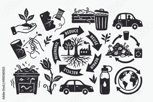 Circular Economy Icons Set: Reduce, Reuse, Recycle, Repair, Regenerate Concept