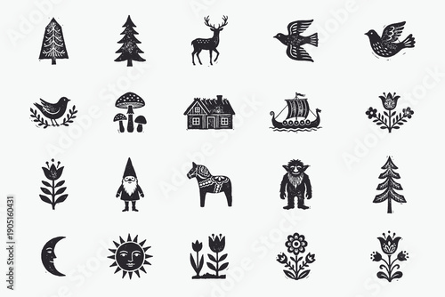 Nordic Folk Art Symbols Set. Scandinavian Christmas and Forest Elements Woodcut Vector.