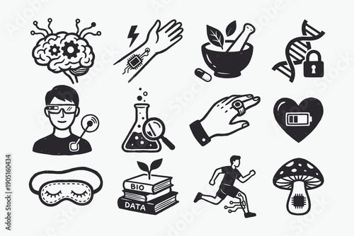 Hand-drawn Biotechnology, Digital Health, and Biohacking Icons Set
