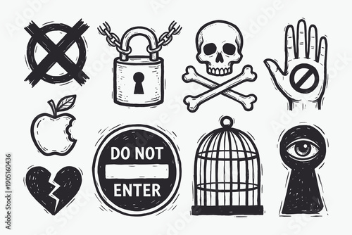 Grunge Engraving Icons Set: Restriction, Danger, Security, and Forbidden Symbols in Woodcut Style.