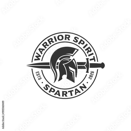 Greek Spartan Warrior with sword emblem label logo design