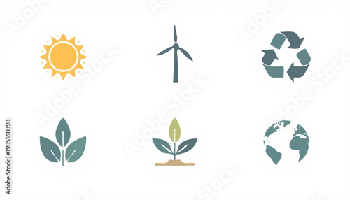 vector icons, minimalist flat style, consistent stroke, representing green energy: sun, wind turbine, recycling symbol, growing plant, solar battery, green earth