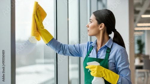 Professional Cleaner Wiping Large Office Window Reflecting Interior With Office Furniture Using Spray Bottle Gloves For Housekeeping Workplace Hygiene