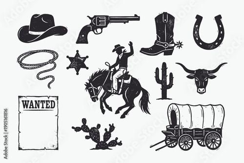 Vintage Wild West icons collection featuring cowboy, gun, horse, and desert elements