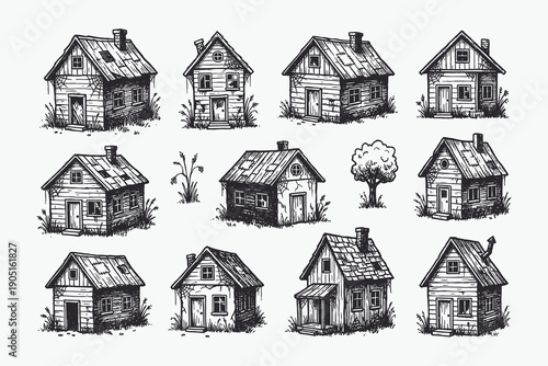 Vintage Hand Drawn Rustic Abandoned Houses and Shacks Vector Collection