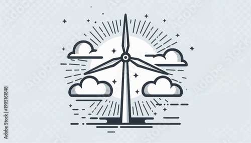 Wind Turbine Illustration with Clouds and Sun.